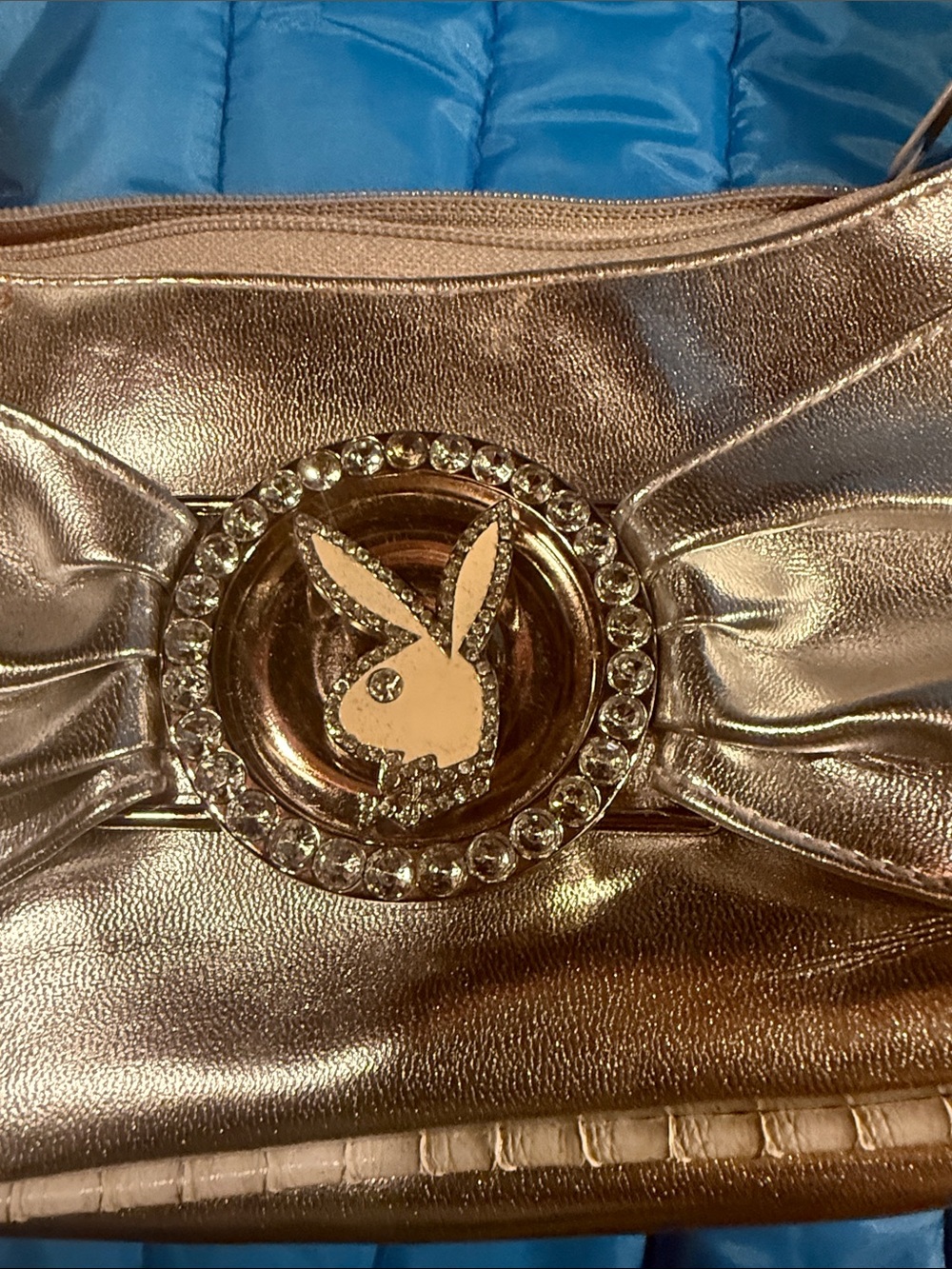 PLAYBOY Metallic SILVER Bow Shoulder Bag with Logo Medallion - Picture 2 of 7